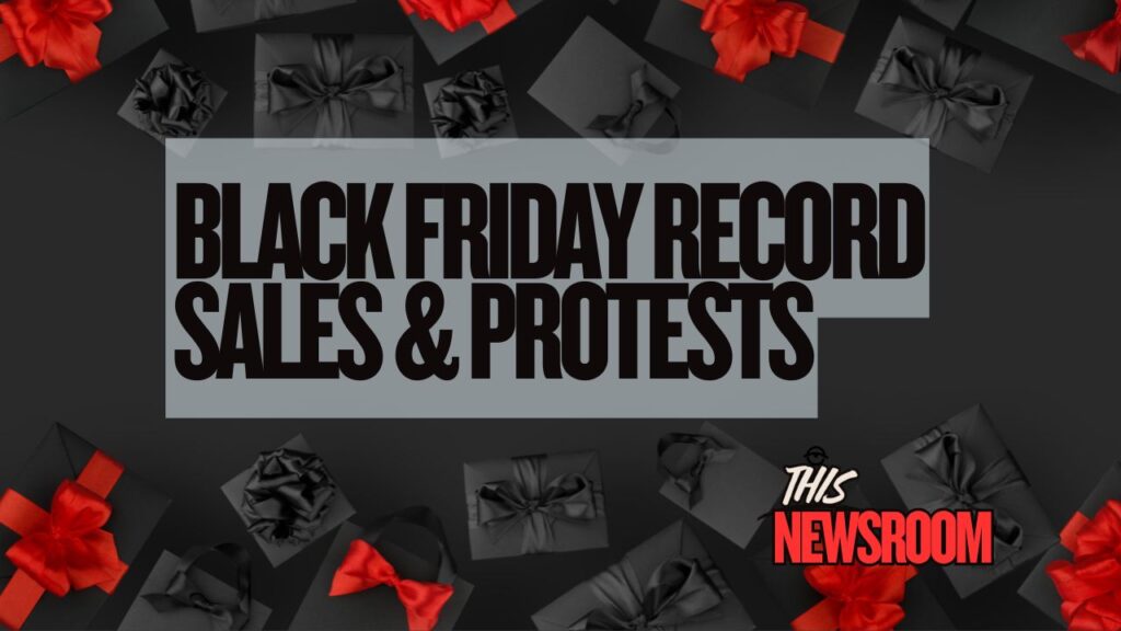 Shoppers crowding a packed retail store during Black Friday with protests occurring nearby.