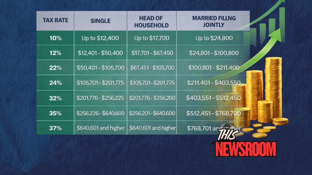 2026 federal tax brackets showing IRS income tax rates for single, married filing jointly, and head of household filers