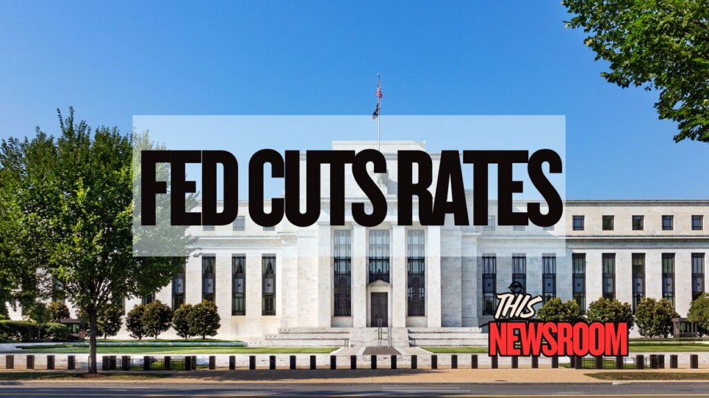 Wall Street financial skyline with stock market trends reacting to the Fed cutting interest rates for the third straight month