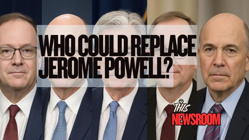 Federal Reserve leadership transition image featuring top contenders who could replace Jerome Powell — Kevin Hassett, Christopher Waller, Kevin Warsh, David Malpass, alongside Jerome Powell.