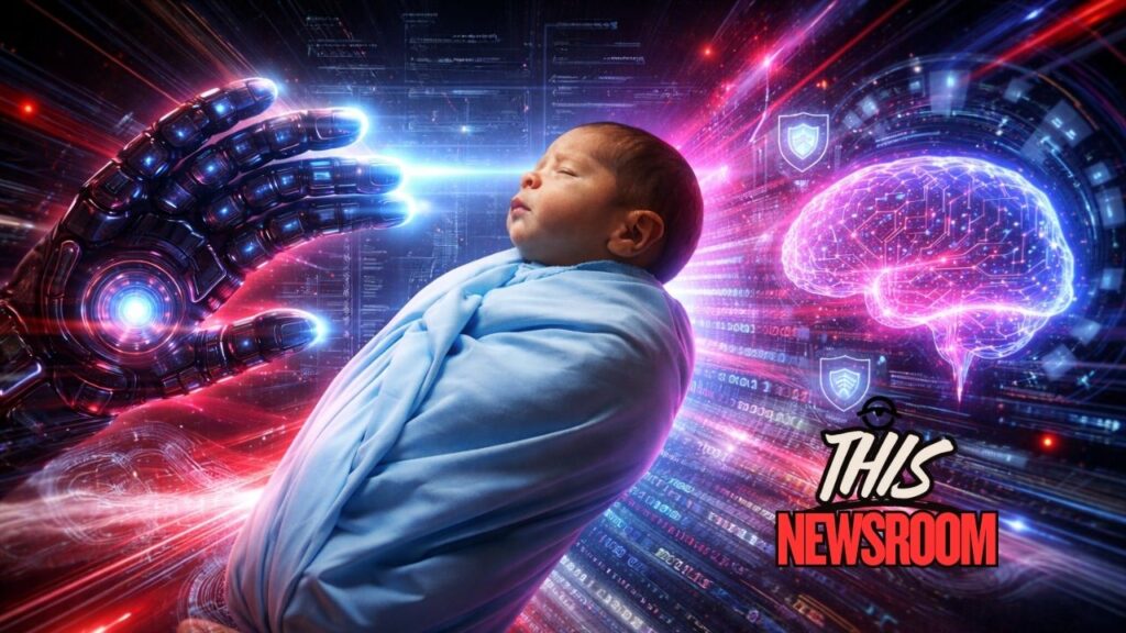 A futuristic editorial illustration representing babies born in 2026 surrounded by technology and artificial intelligence.