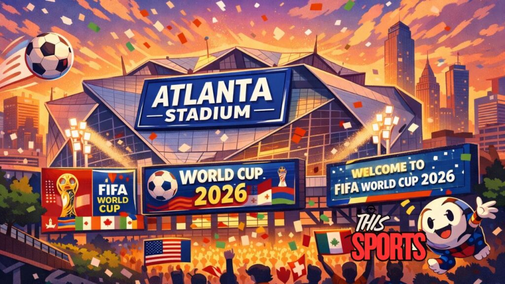 Mercedes-Benz Stadium in Atlanta undergoing temporary rebranding for the FIFA World Cup 2026