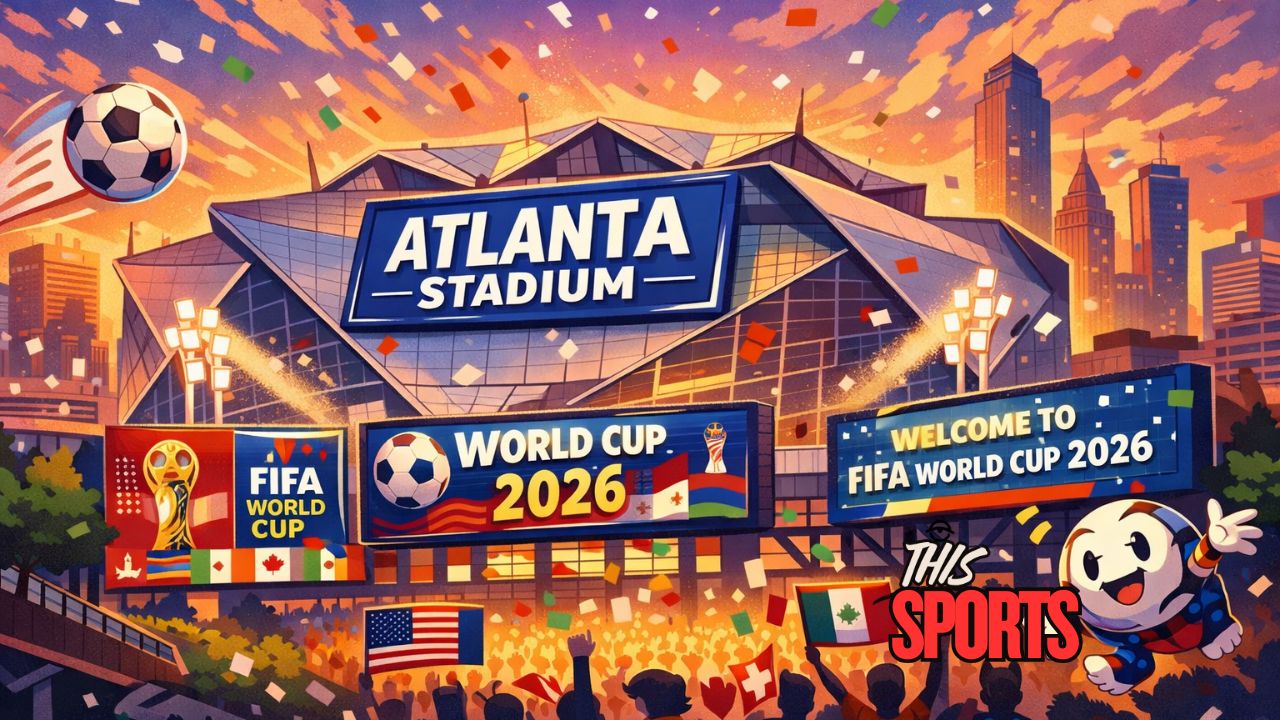 Mercedes-Benz Stadium in Atlanta undergoing temporary rebranding for the FIFA World Cup 2026
