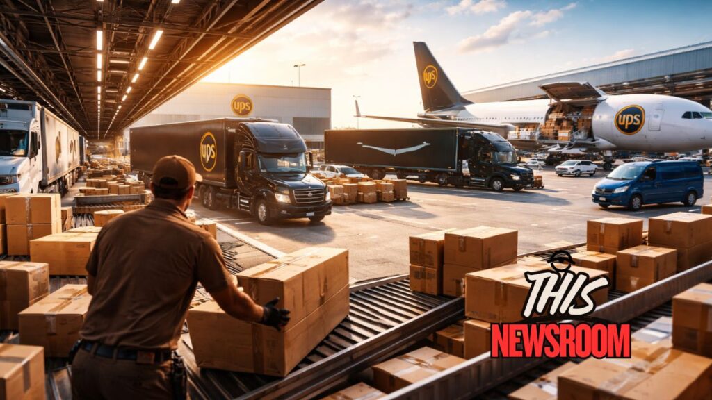 UPS logistics hub showing delivery operations amid Amazon partnership and workforce layoffs