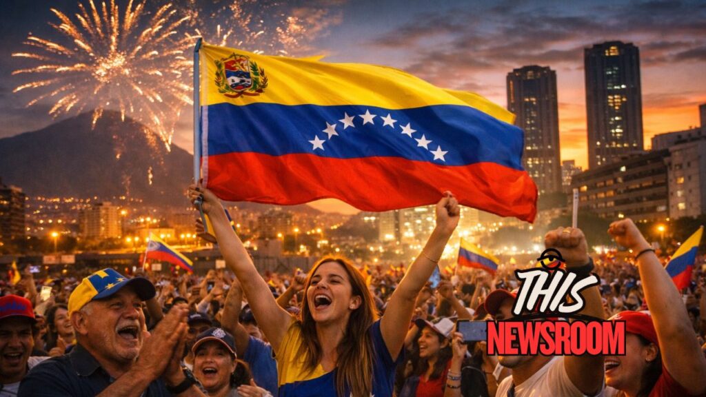 Venezuelans celebrating in Caracas after the removal of Nicolás Maduro, waving national flags and marking a turning point toward democratic transition and national renewal