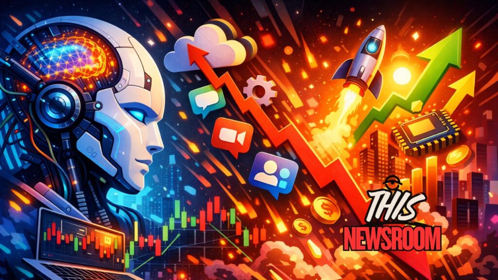 Colorful illustration showing AI growth disrupting SaaS software stocks and market volatility