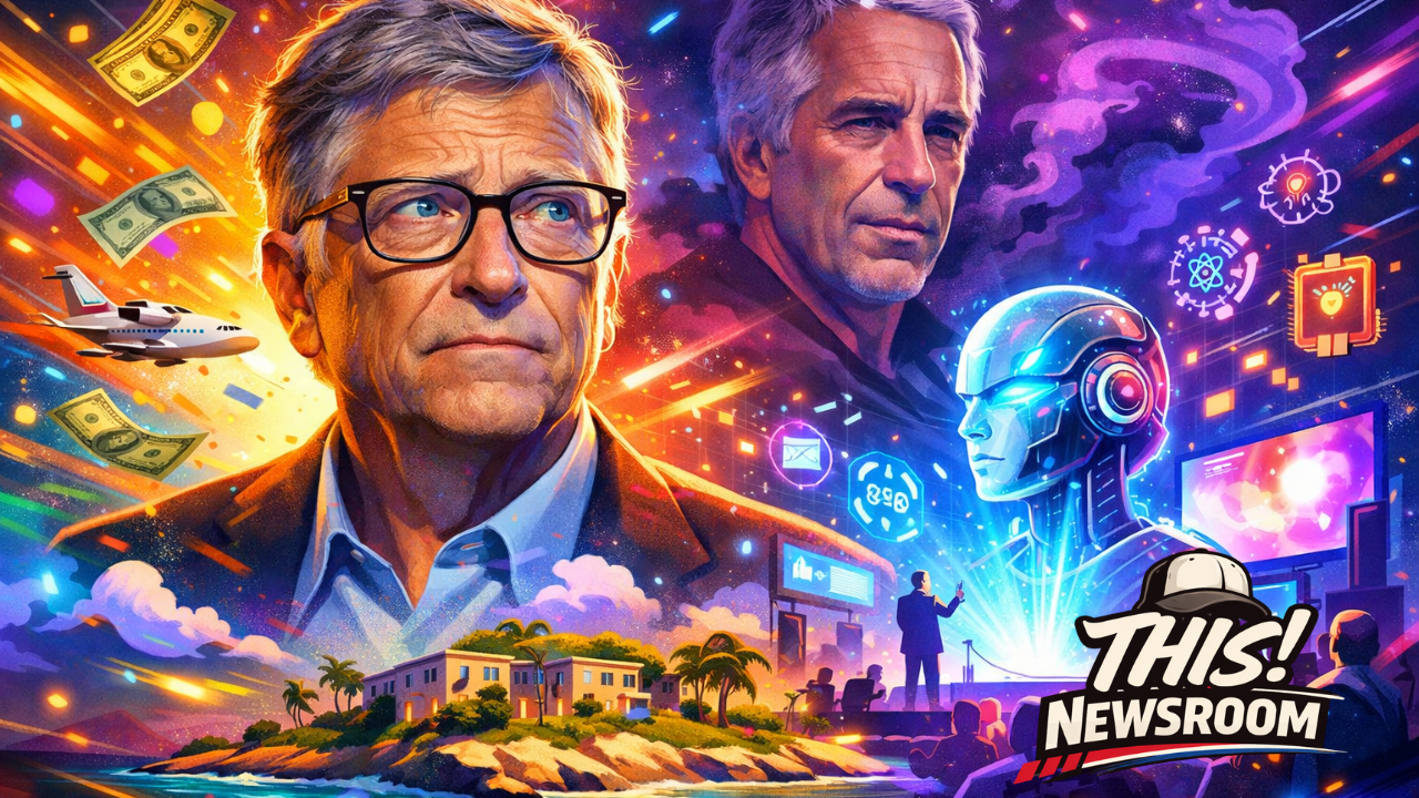 Bill Gates AI summit cancellation illustration with AI conference visuals and controversy theme