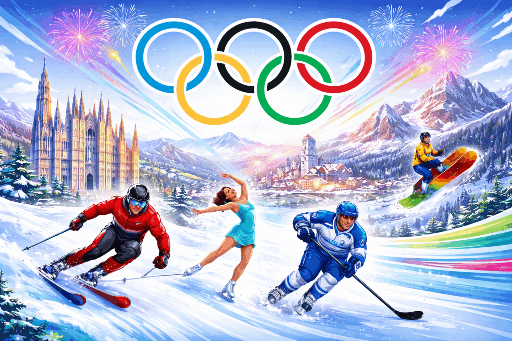 Winter Olympics 2026 Milan Cortina Italy alpine and ice sports illustration
