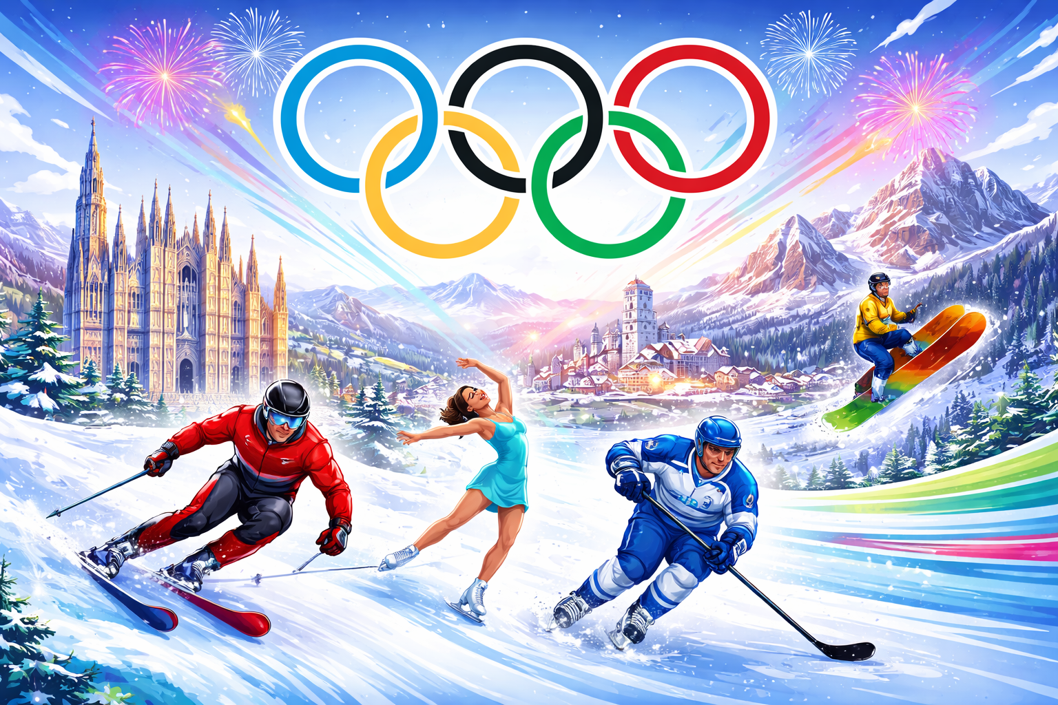 Winter Olympics 2026 Milan Cortina Italy alpine and ice sports illustration