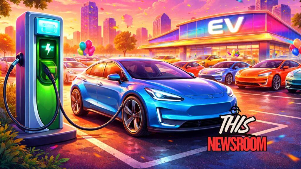 Colorful illustration of electric vehicles charging at sunset outside a dealership, symbolizing the 2025 EV market slowdown after tax credit repeal.