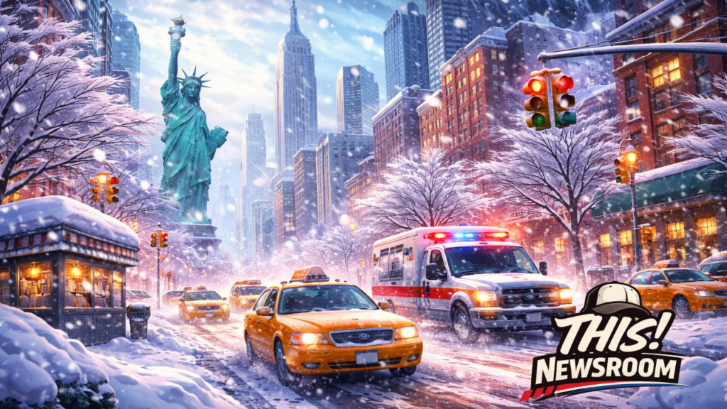 Blizzard conditions in New York City with heavy snow, strong winds, and low visibility during East Coast winter storm.