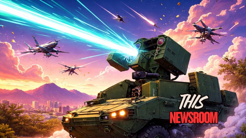 Vehicle-mounted LOCUST counter-drone laser system on military platform during defense demonstration