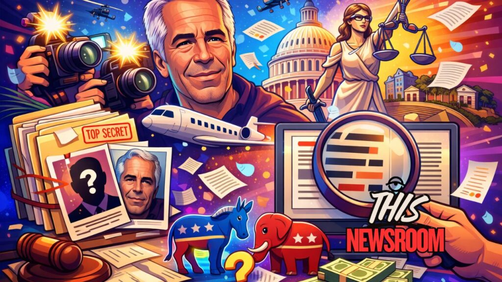 Illustration representing the delayed release of Epstein files, government transparency, bipartisan pressure, and accountability