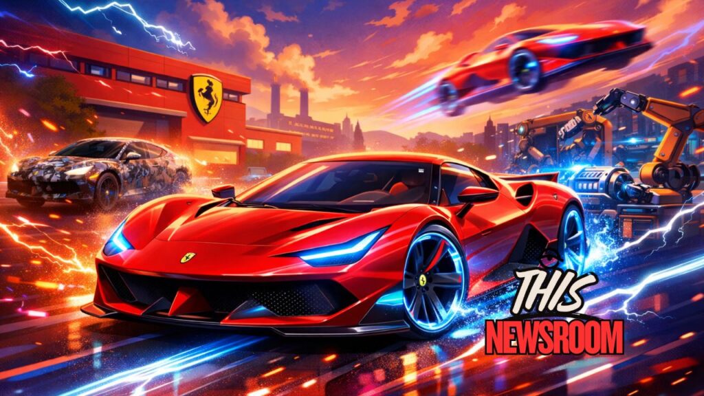 Ferrari electric supercar concept speeding with glowing blue electric accents