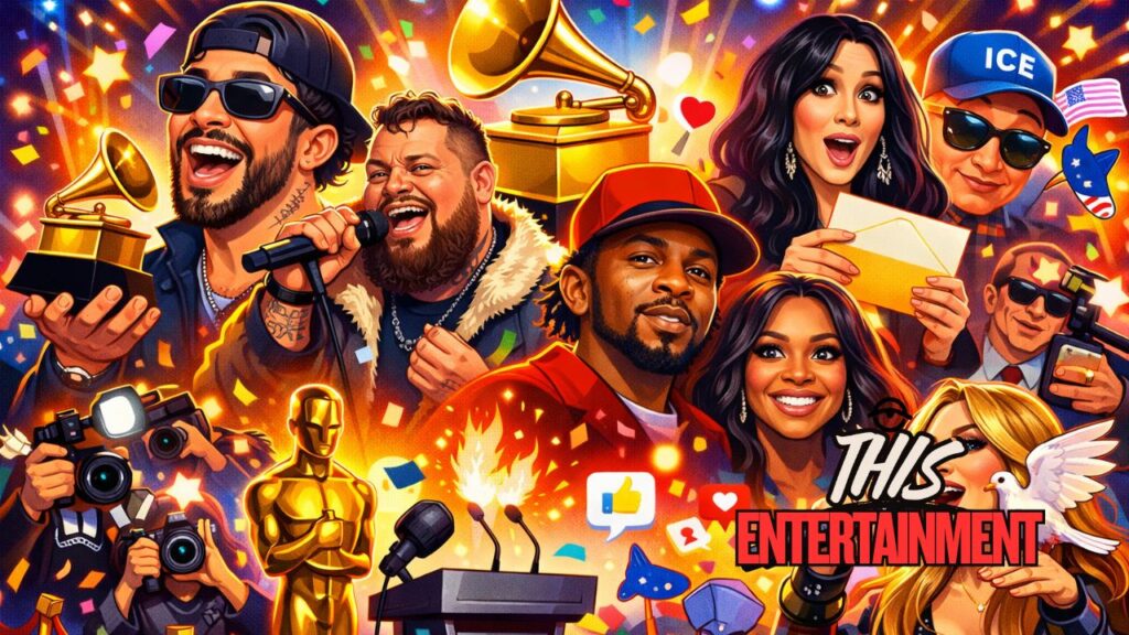 Colorful illustration representing the 2026 Grammy Awards, highlighting music industry wins, controversy, and Hollywood culture