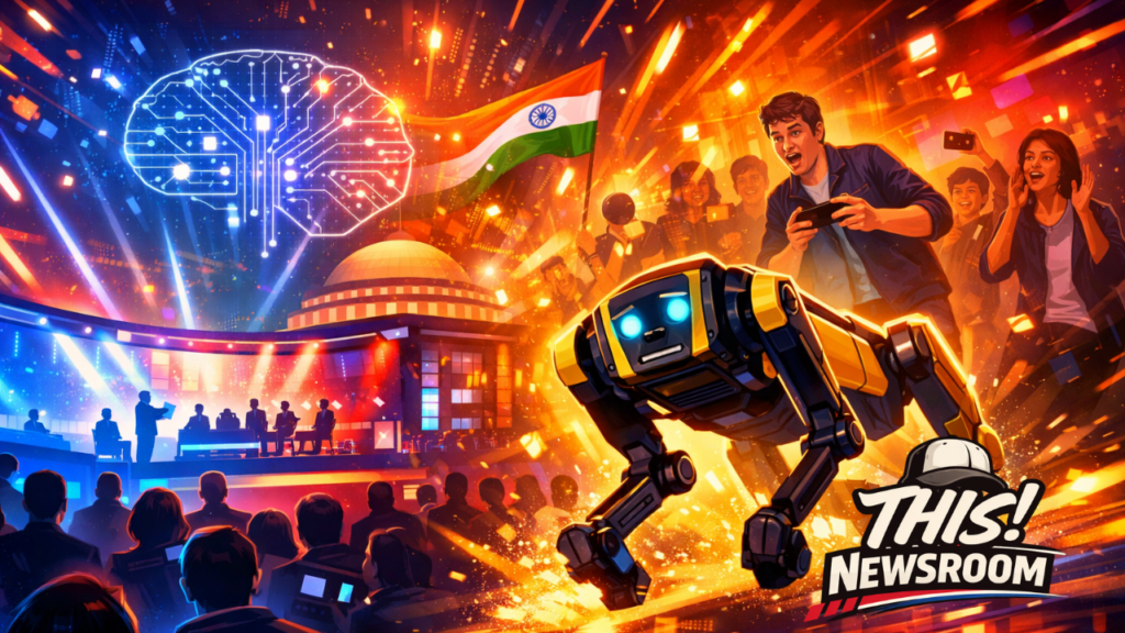 High-energy illustration of India AI Summit with robotic dog controversy and global tech leaders in futuristic conference setting