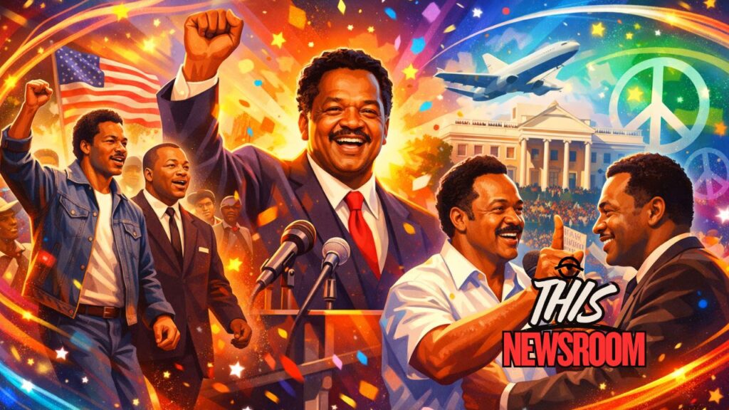 Colorful illustrated tribute to Jesse Jackson featuring civil rights rally scenes, presidential campaign imagery, and symbolic American political landmarks