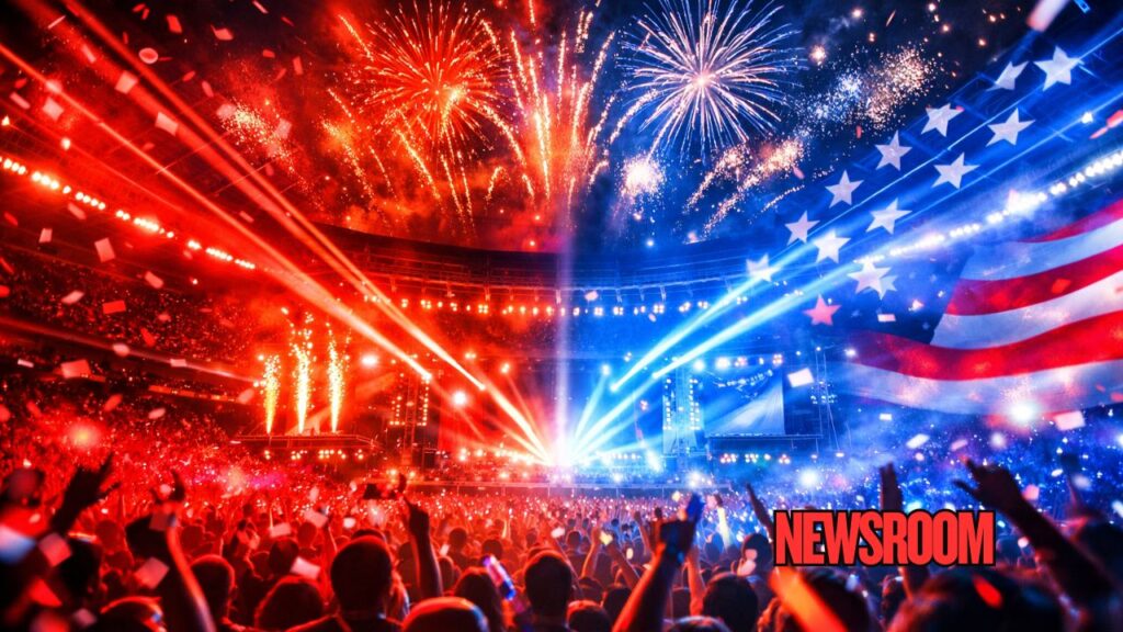 TPUSA alternative Super Bowl halftime show with high-energy stadium lighting