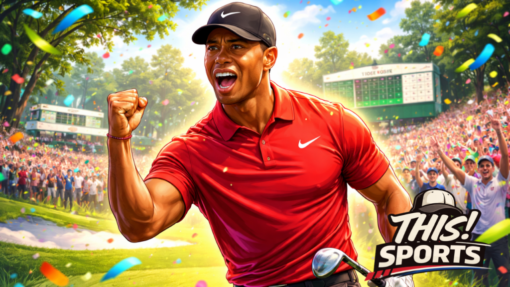 Tiger Woods celebrating during potential 2026 PGA Tour return illustration