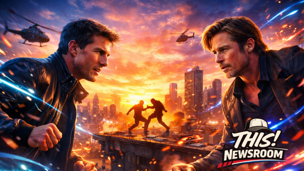 AI generated rooftop scene resembling Tom Cruise and Brad Pitt facing off during a sunset action sequence