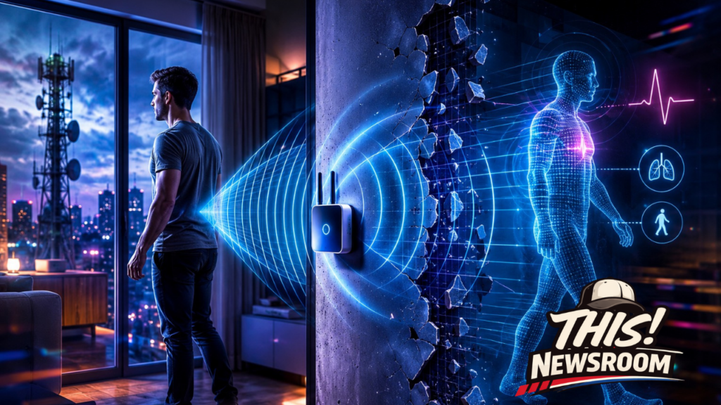 Illustration of future 6G wireless technology detecting a person's presence through a wall using advanced radio wave sensing.