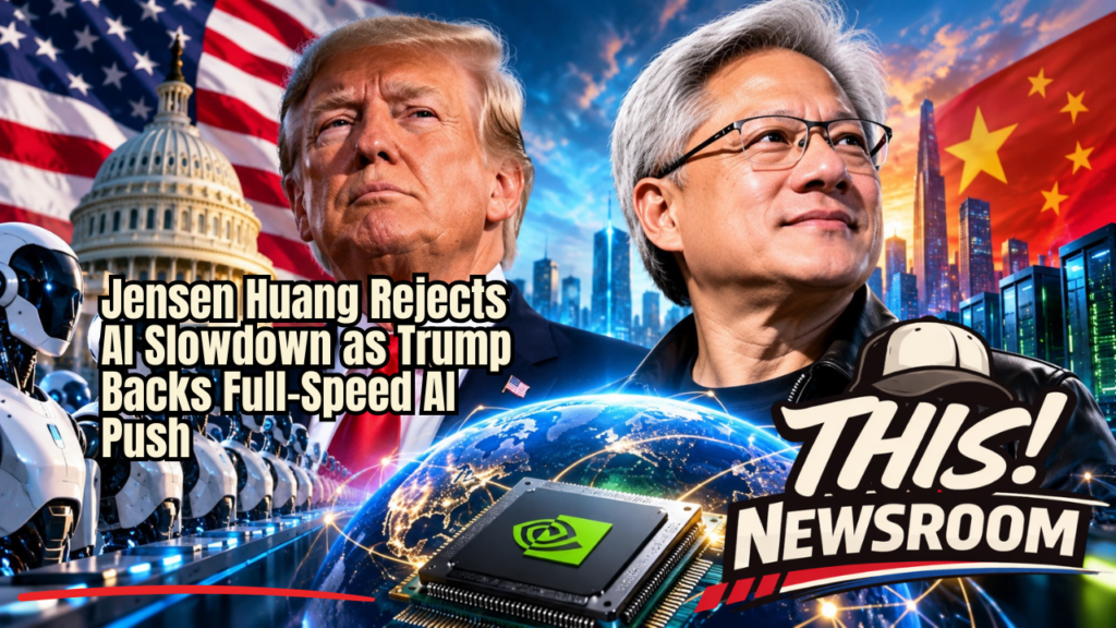 Nvidia CEO Jensen Huang is pushing back against calls to slow artificial intelligence development as Washington debates America’s position in the global AI race.