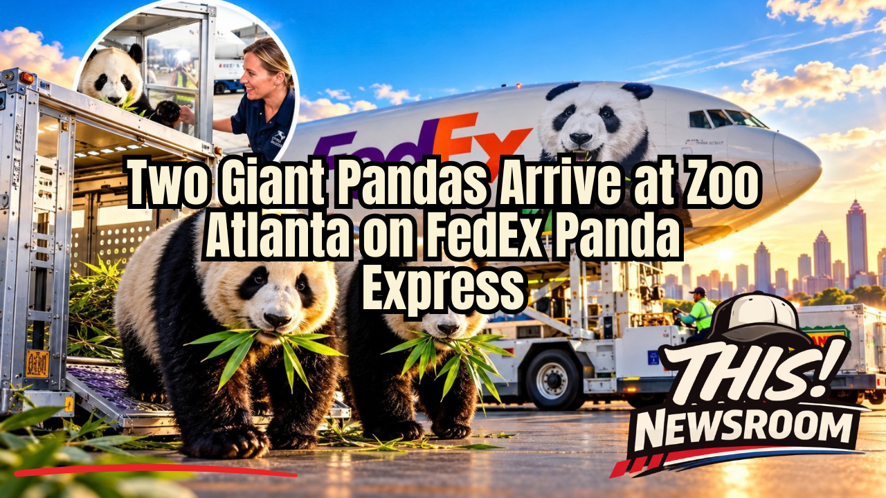 Giant pandas arriving in Atlanta aboard a FedEx Panda Express Boeing 777 for Zoo Atlanta.