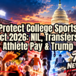 President Donald Trump at a college football game representing the debate over the Protect College Sports Act, NIL rules, transfer portal changes and athlete compensation.