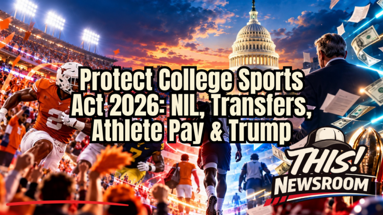President Donald Trump at a college football game representing the debate over the Protect College Sports Act, NIL rules, transfer portal changes and athlete compensation.