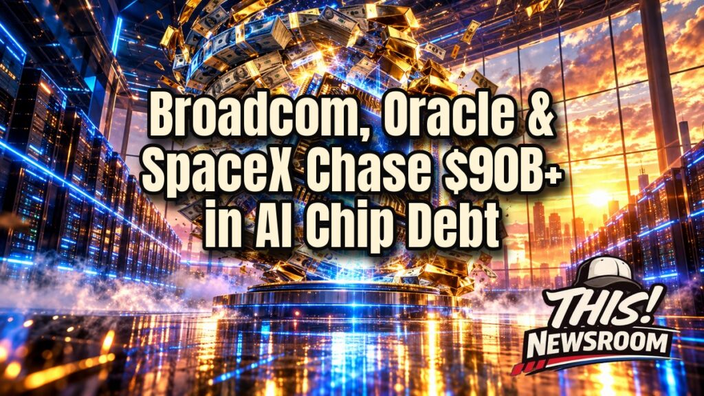 Cinematic illustration of AI chip financing, with a glowing AI chip and stacks of cash in a data center under dramatic golden light