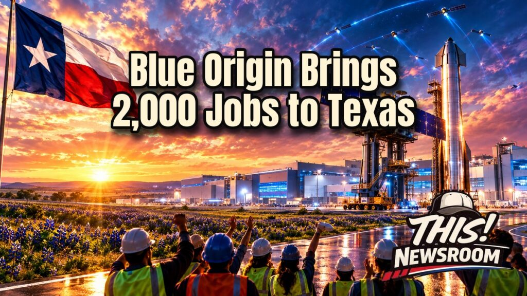 Blue Origin Constellation Park concept: a massive glowing satellite factory campus in Hutto, Texas at golden hour with a rocket and Texas flag