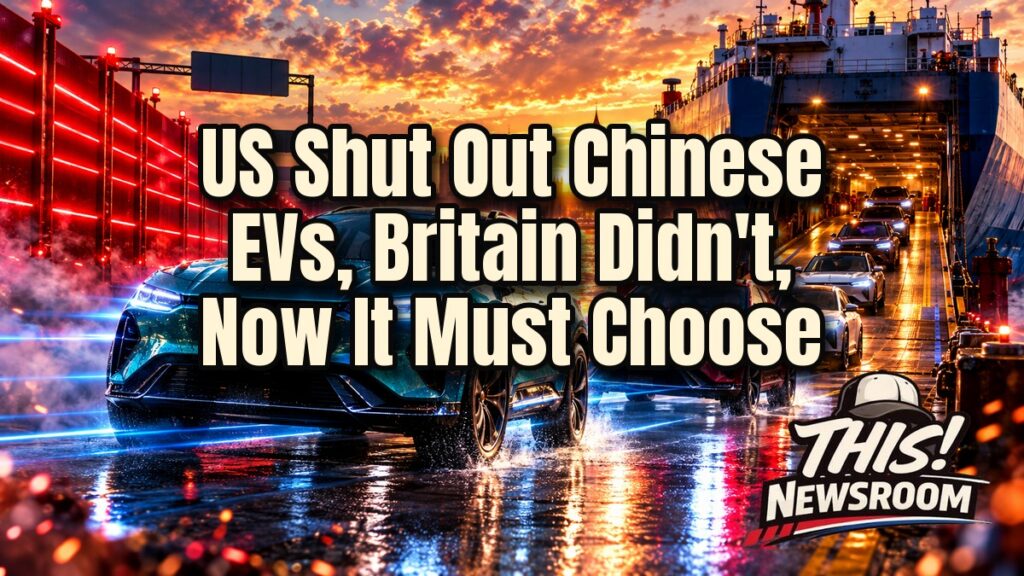 Cinematic scene of Chinese electric cars rolling off a UK port as the US border wall looms in the distance, illustrating Chinese EV tariffs