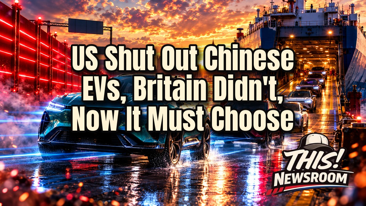 Cinematic scene of Chinese electric cars rolling off a UK port as the US border wall looms in the distance, illustrating Chinese EV tariffs