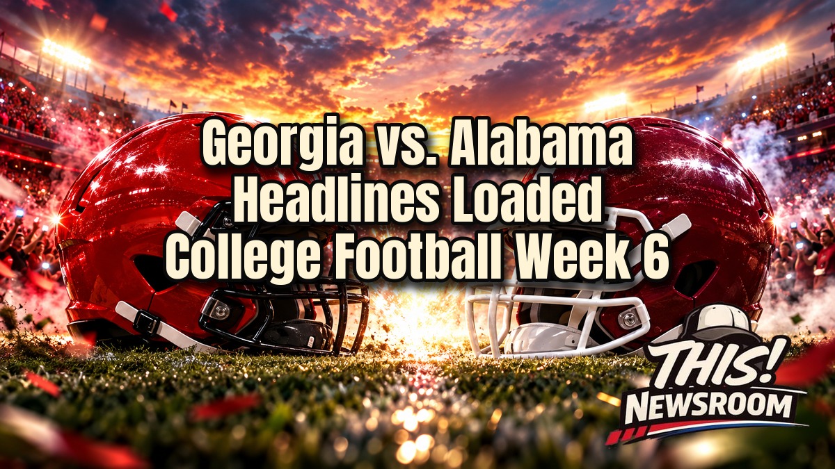College football Week 6 stadium scene with Georgia and Alabama helmets colliding under stadium lights