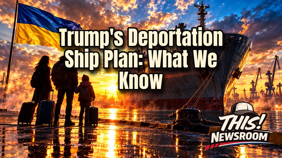 Deportation explained: cargo ship at a harbor at sunset beside a Ukrainian flag and a calendar page for Oct. 19, in a cinematic editorial style