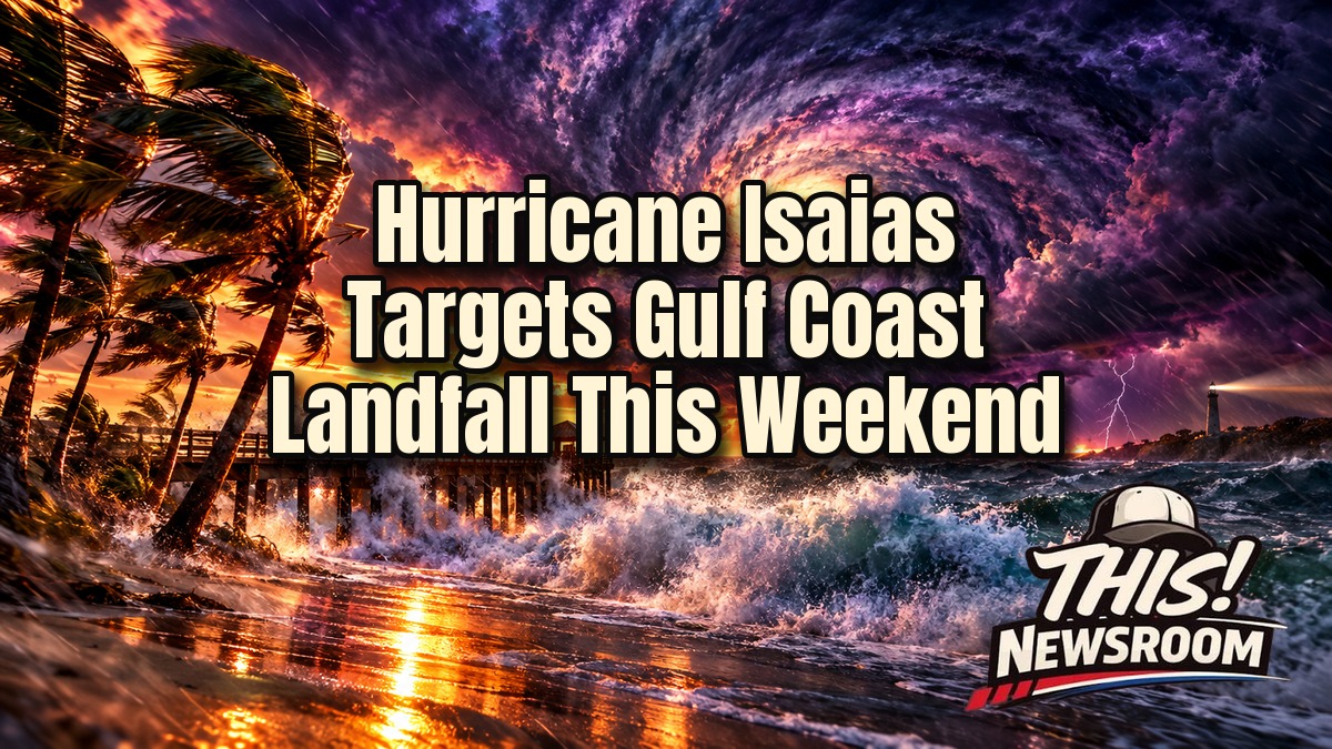 Hurricane Isaias swirling over the Gulf of Mexico toward the northern Gulf Coast at sunset