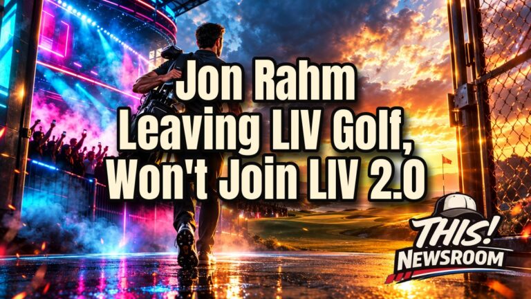 Jon Rahm leaving LIV Golf shown as a golfer in a dramatic golden-hour portrait over a golf course at sunset