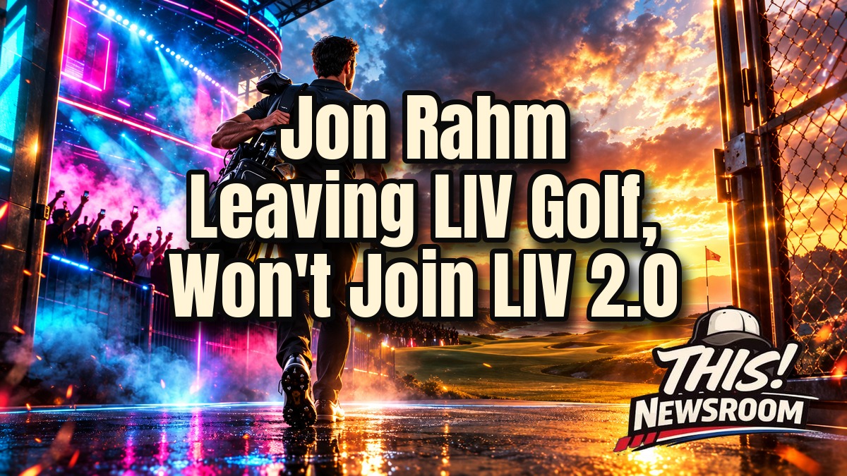 Jon Rahm leaving LIV Golf shown as a golfer in a dramatic golden-hour portrait over a golf course at sunset