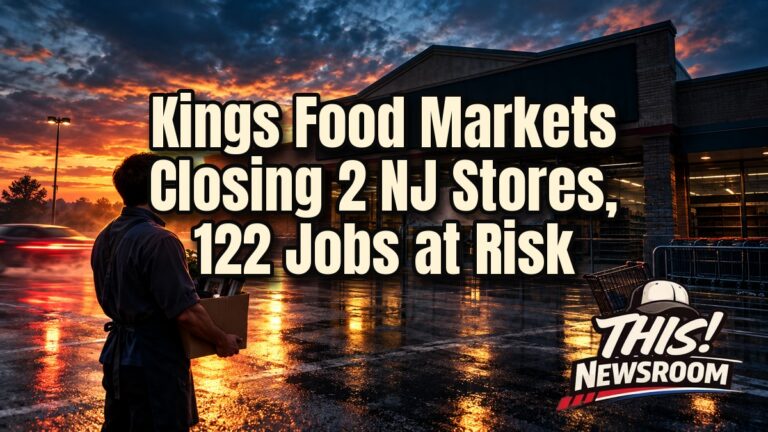 Kings Food Markets closing: cinematic image of a grocery storefront at golden hour with a shuttered sign and shoppers walking past
