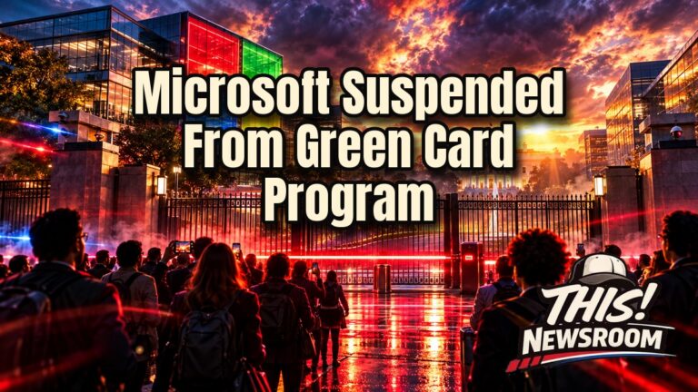 Microsoft green card suspension shown as a glowing Microsoft campus under a stormy sunset with the White House behind it