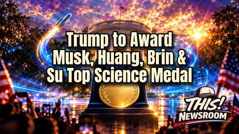 Cinematic illustration of the White House at golden hour with a gleaming National Medal of Science and tech leaders in the spotlight