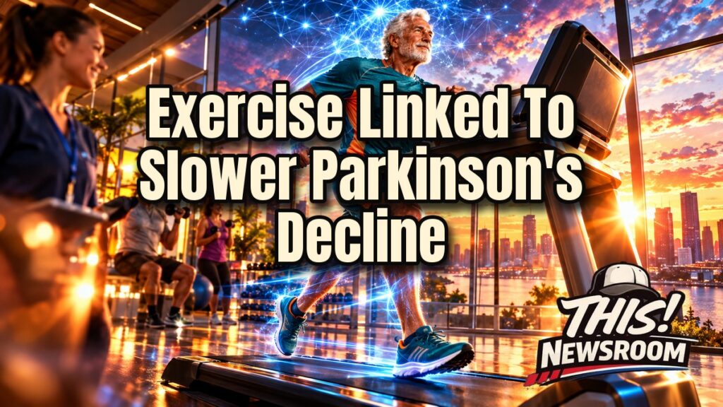 Older adult exercising on a treadmill in a bright gym, illustrating Parkinson's exercise benefits