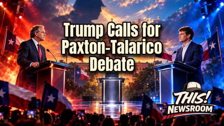 Face-off illustration of Ken Paxton and James Talarico at debate podiums in a Paxton-Talarico debate before the Texas Senate election
