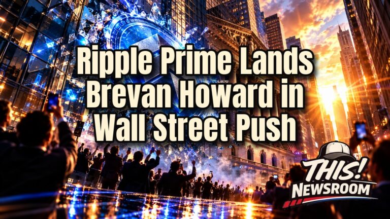Ripple Prime and Brevan Howard deal visualized as a glowing XRP coin rising over the Wall Street skyline at golden hour
