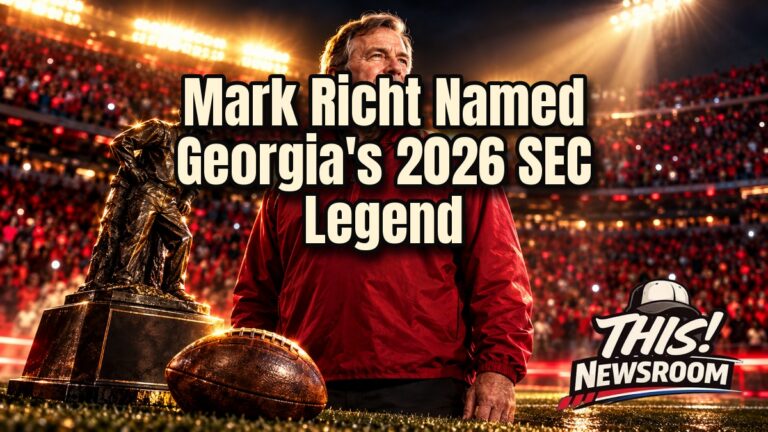 Illustration of Mark Richt in front of Georgia stadium lights marking the SEC Football Legends class