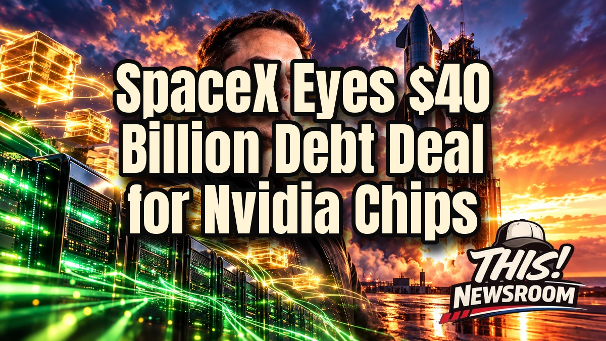 Elon Musk in front of a rocket and glowing Nvidia AI chips representing the SpaceX Nvidia chip financing talks