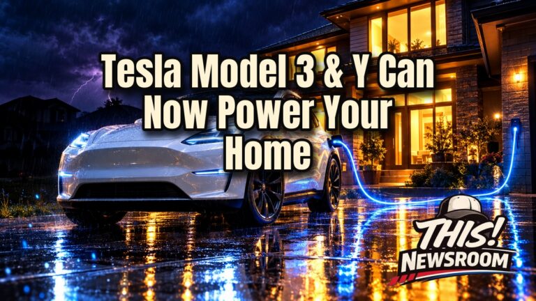 Tesla Powershare home backup shown as a Model Y powering a lit house during a stormy night blackout