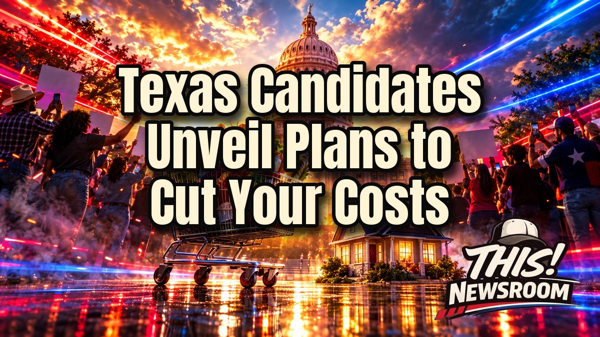 Texas affordability plans shown as a split-view of Texas voters with the Capitol and grocery shopping at golden hour