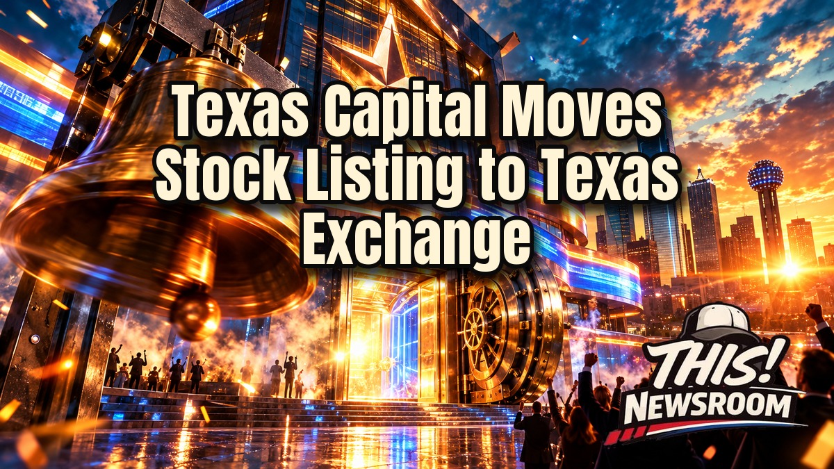 Texas Stock Exchange trading floor scene with Texas Capital Bancshares ticker glowing against a Dallas skyline at golden hour